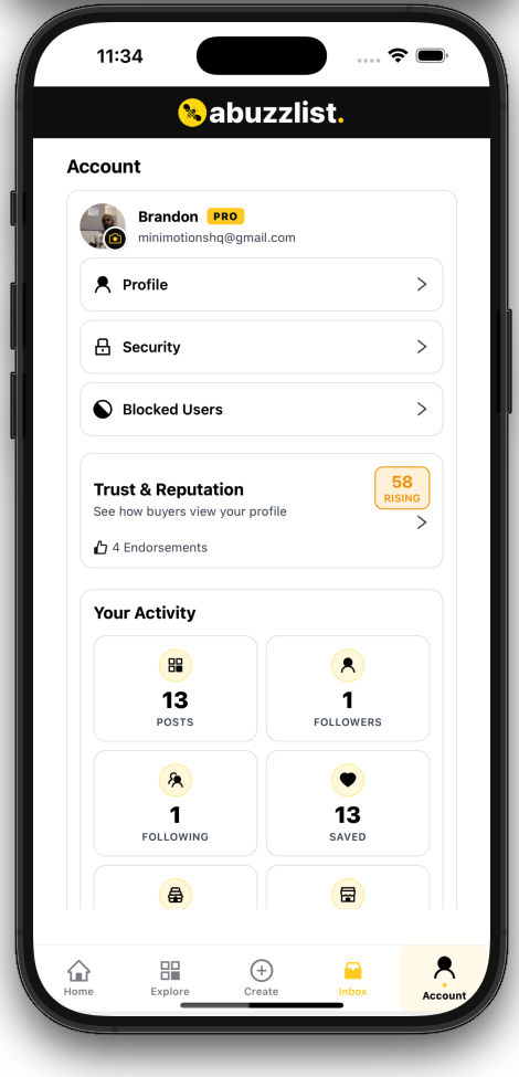 Account screen showing profile, security, trust and reputation, and activity cards.