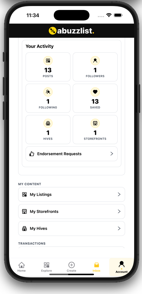 Account screen showing support links and administration link.