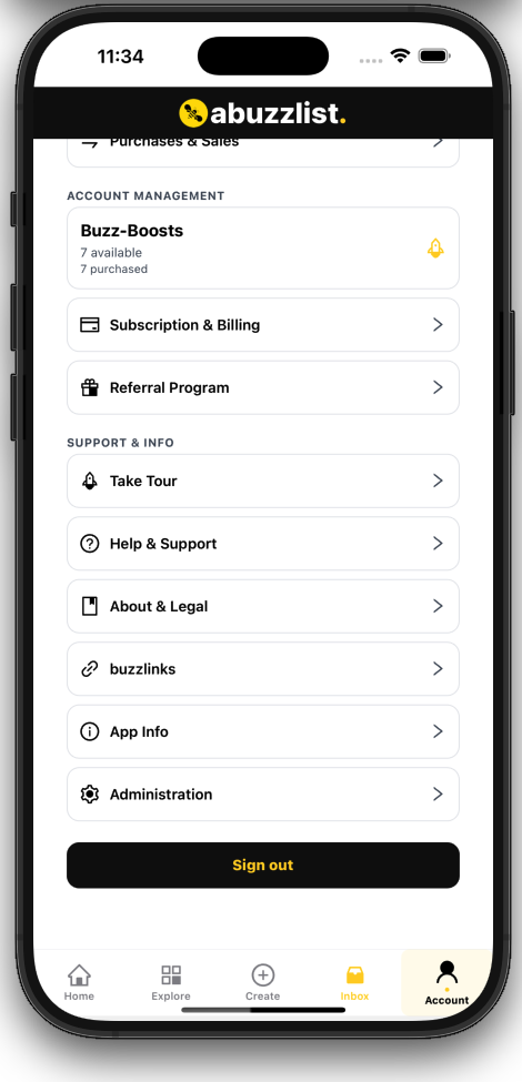 Account screen showing activity stats and quick links to My Listings, My Storefronts, and My Hives.