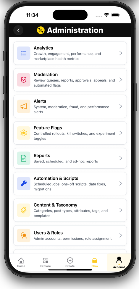 Administration screen with analytics, moderation, alerts, feature flags, reports, and user roles.