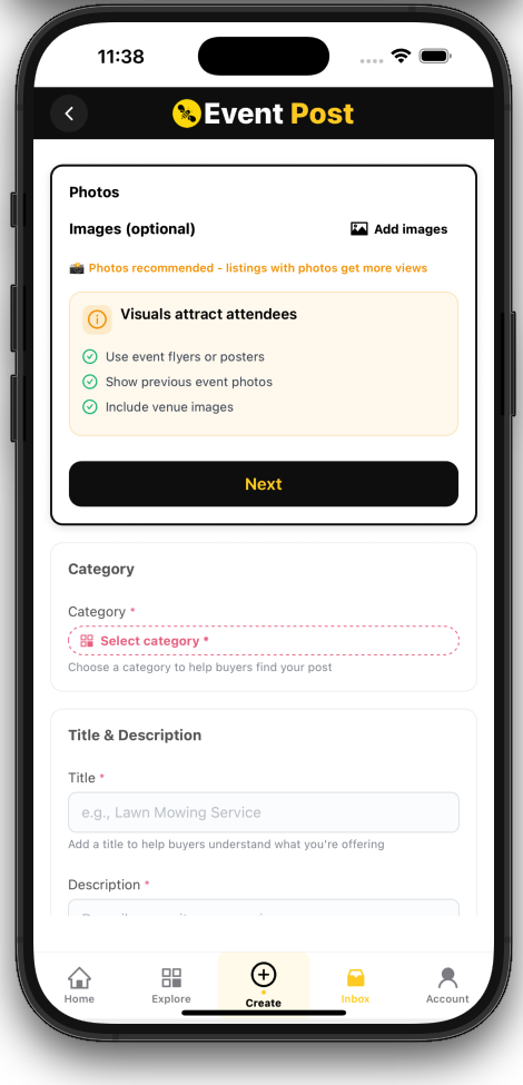 Event Post creation screen showing optional photos and attendee attraction tips.