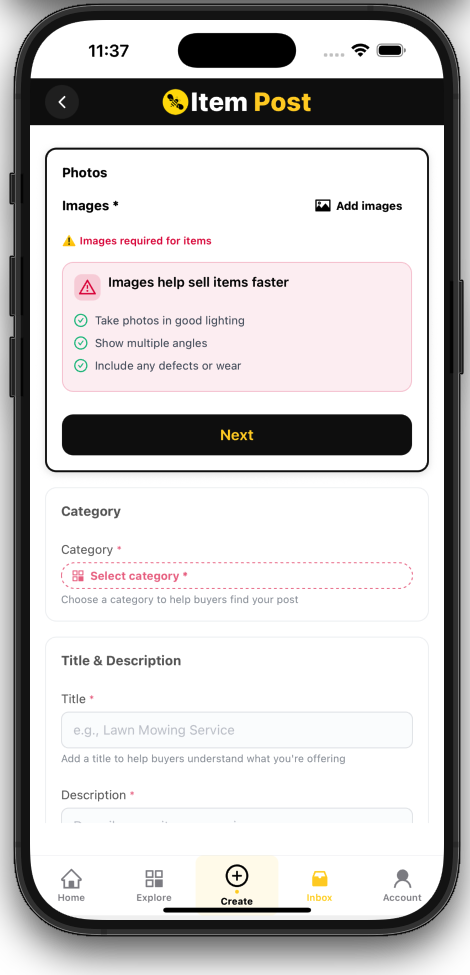 Item Post creation screen showing photos section and required images guidance.