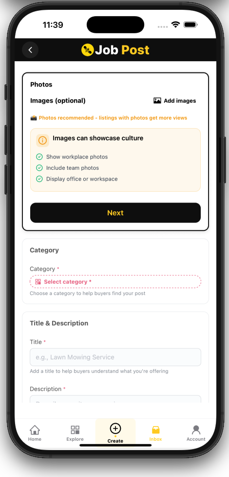 Job Post creation screen showing optional photos and culture tips.