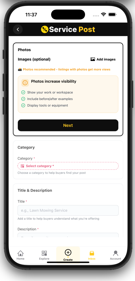 Service Post creation screen showing optional photos and visibility tips.