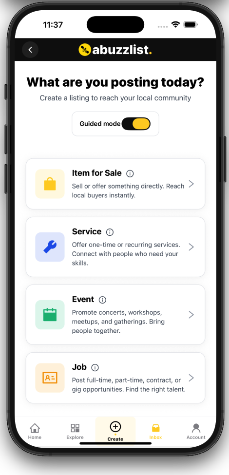 Create listing screen asking what are you posting today with Guided mode toggle.
