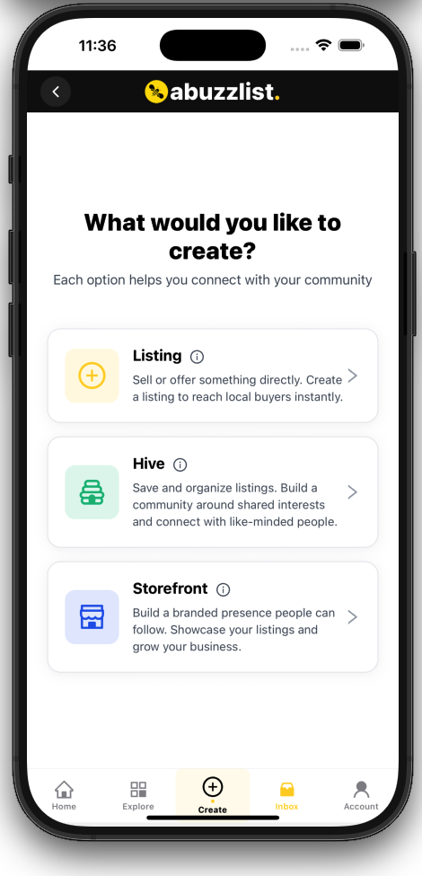 Create screen offering options to create a Listing, Hive, or Storefront.