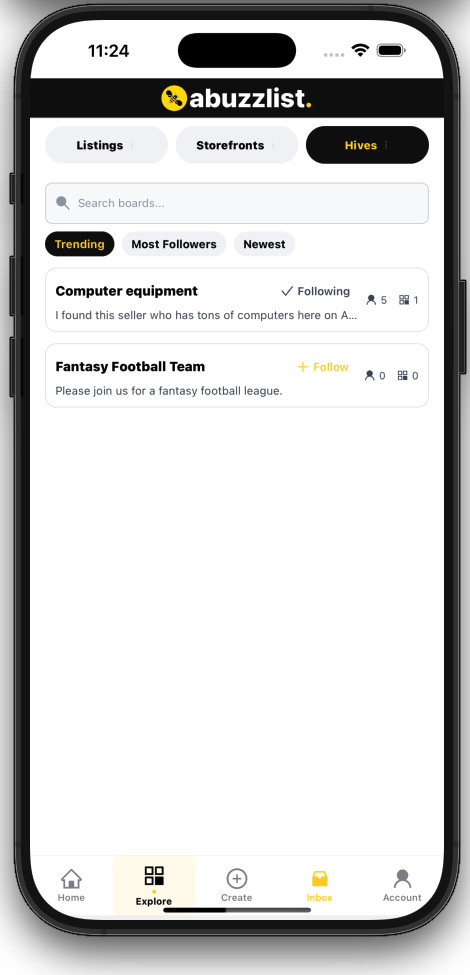 Explore Hives screen listing community Hives with follow actions.