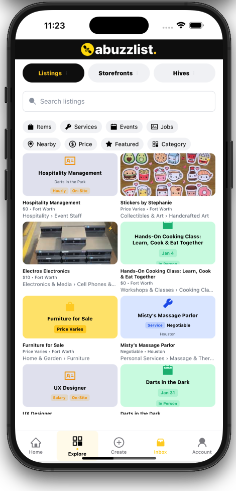 Explore listings screen with filters for items, services, events, and jobs.