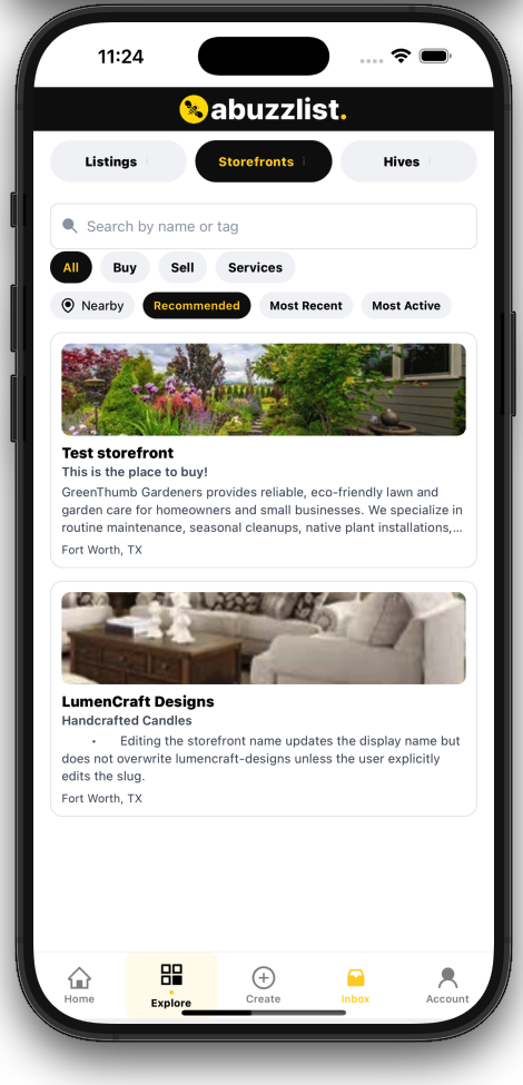 Explore storefronts screen listing storefront cards and sorting options.