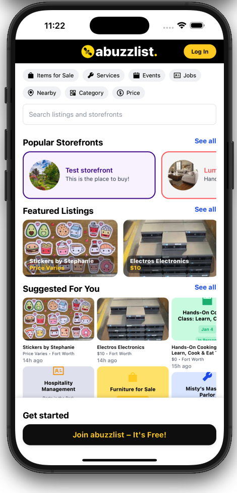 abuzzlist home screen showing popular storefronts, featured listings, and suggested items.