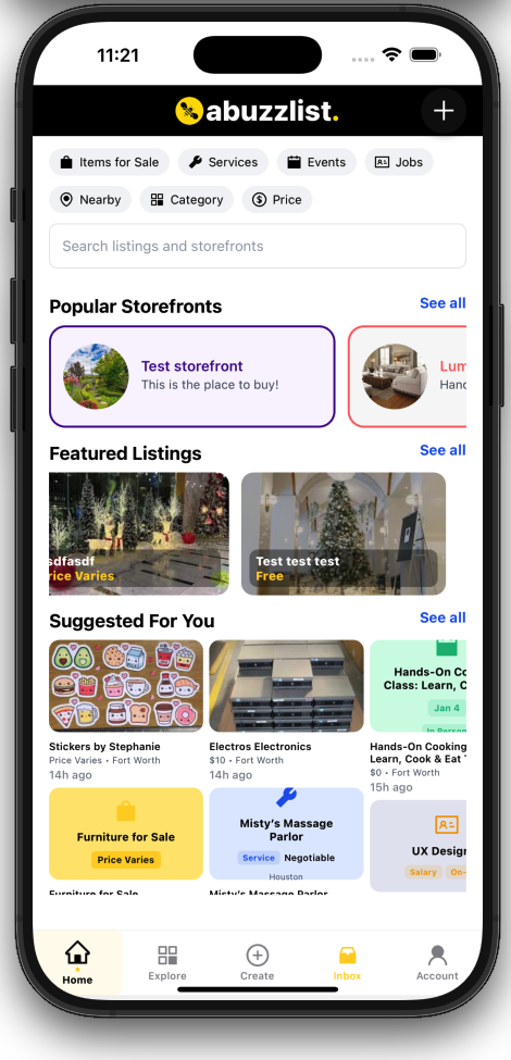 abuzzlist home feed with bottom navigation and content sections.