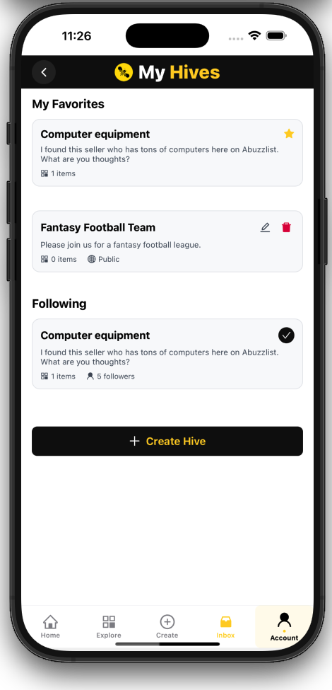 My Hives screen showing favorites and following with create action.