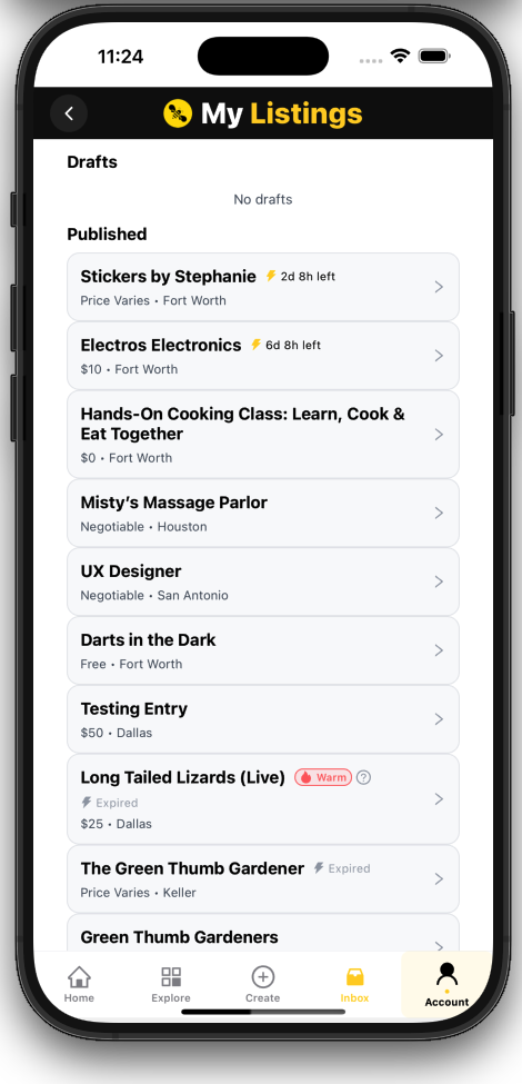 My Listings screen showing drafts and published listings with expiry indicators.