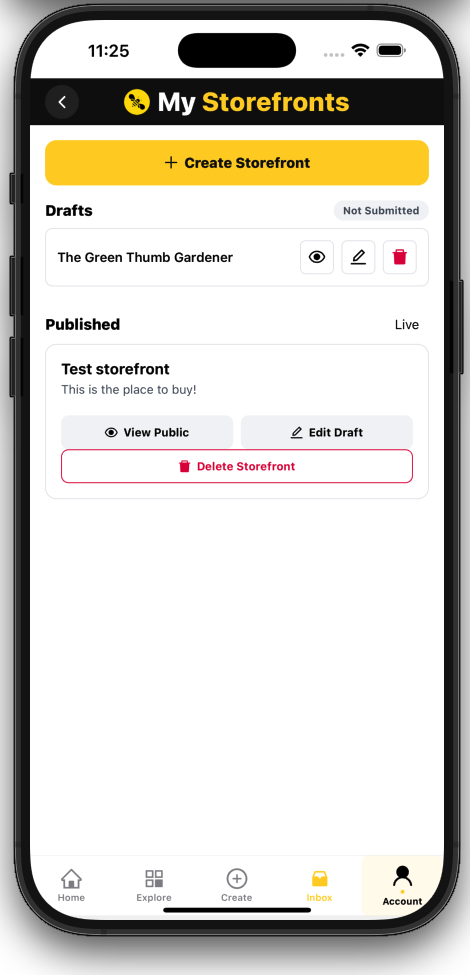 My Storefronts screen showing draft and published storefronts with actions.